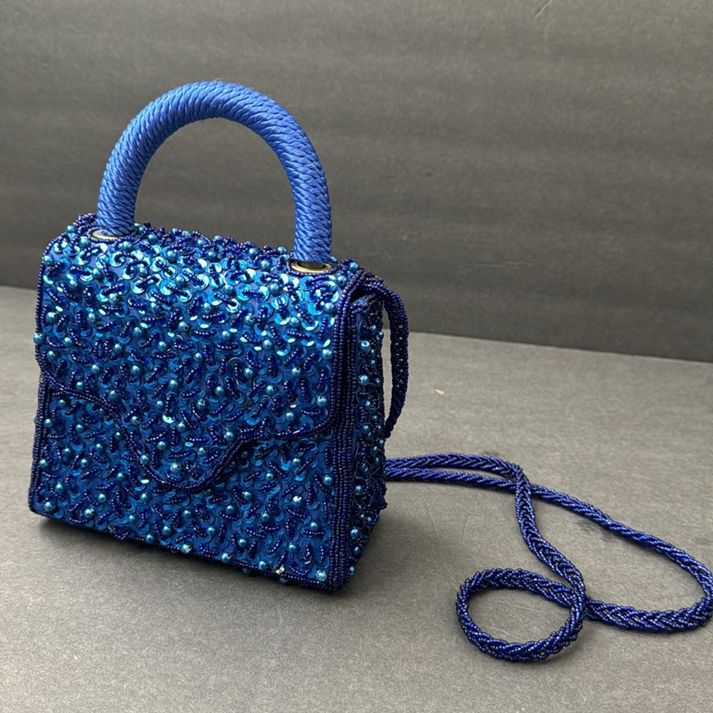 Sparkling Electric Royal Blue Vintage Sequin Evening Formal Prom Gala Bag &Strap